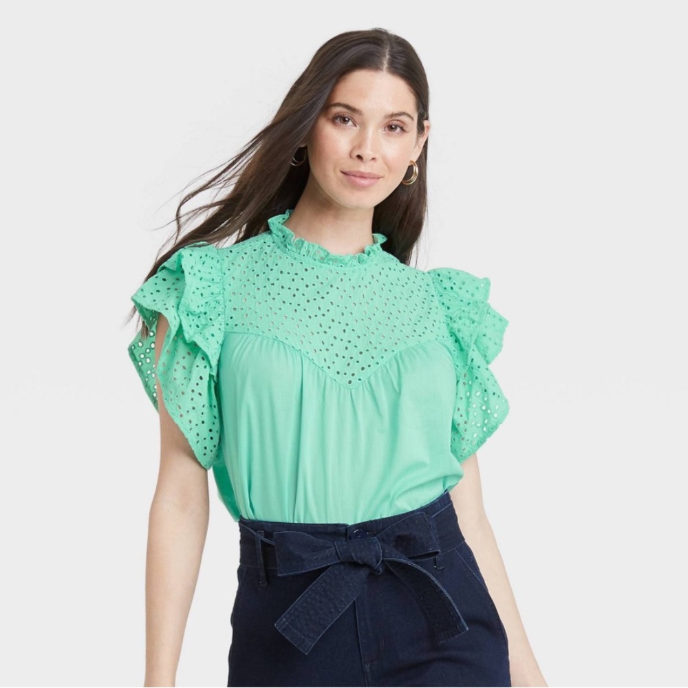 A New Day Green Eyelet Tiered Ruffle Sleeve Blouse